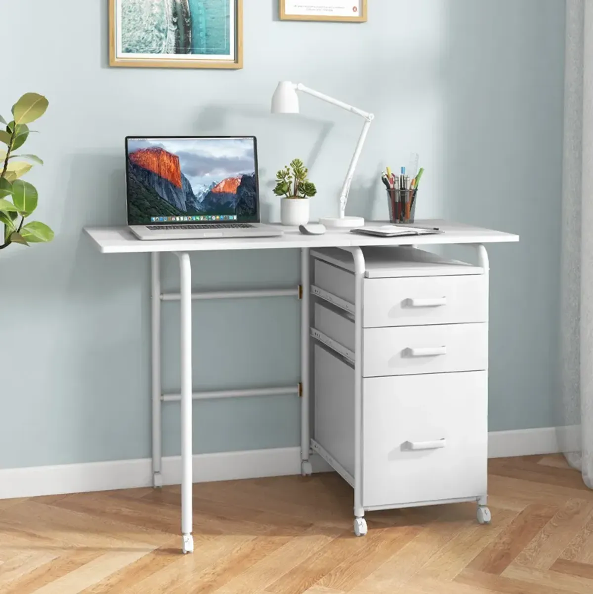 Folding Computer Laptop Desk Wheeled Home Office Furniture