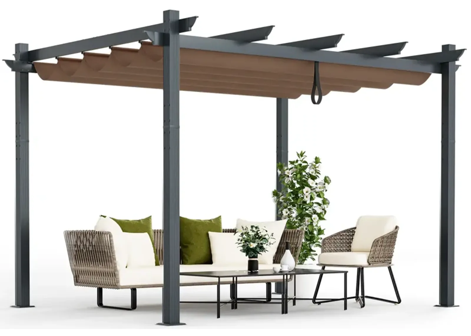 10x12 Feet Outdoor Aluminum Retractable Pergola Canopy Shelter with Grape Trellis