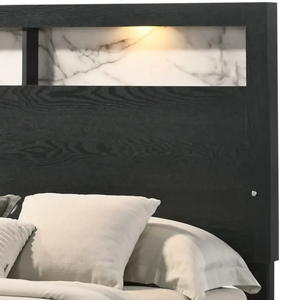 Yoh King Size Bed, Wood, Headboard with Lights and Shelves, Black - Benzara