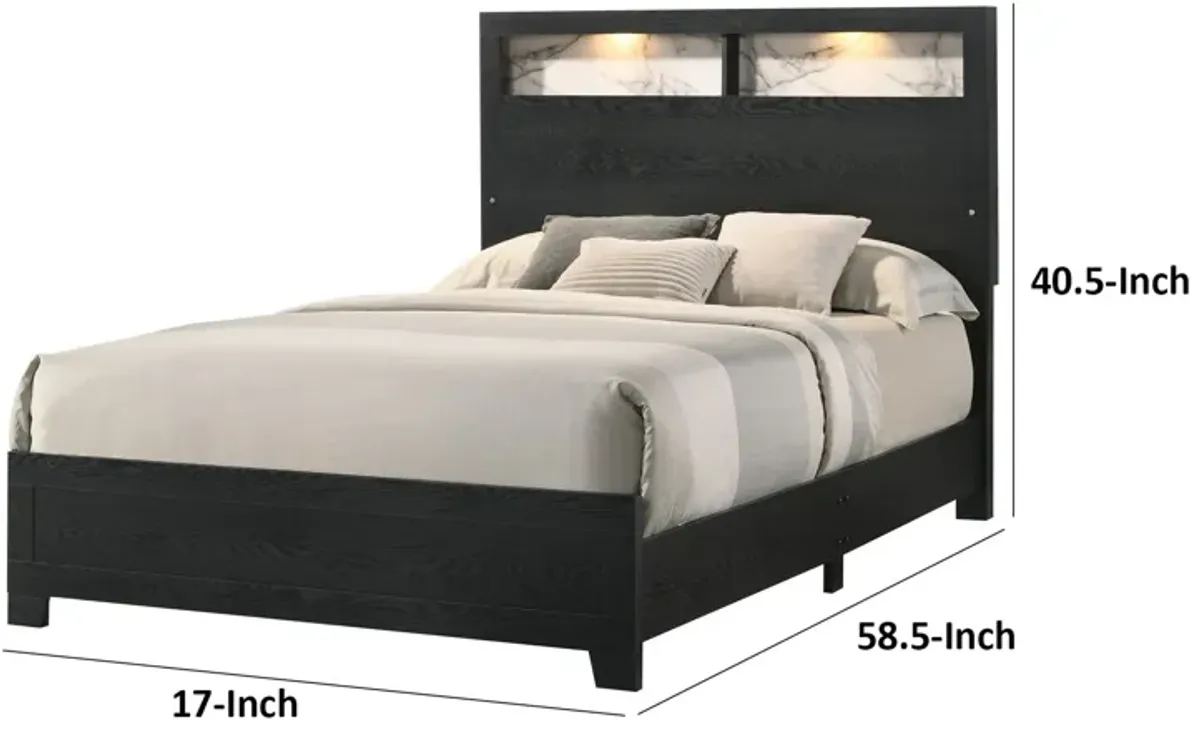 Yoh King Size Bed, Wood, Headboard with Lights and Shelves, Black - Benzara