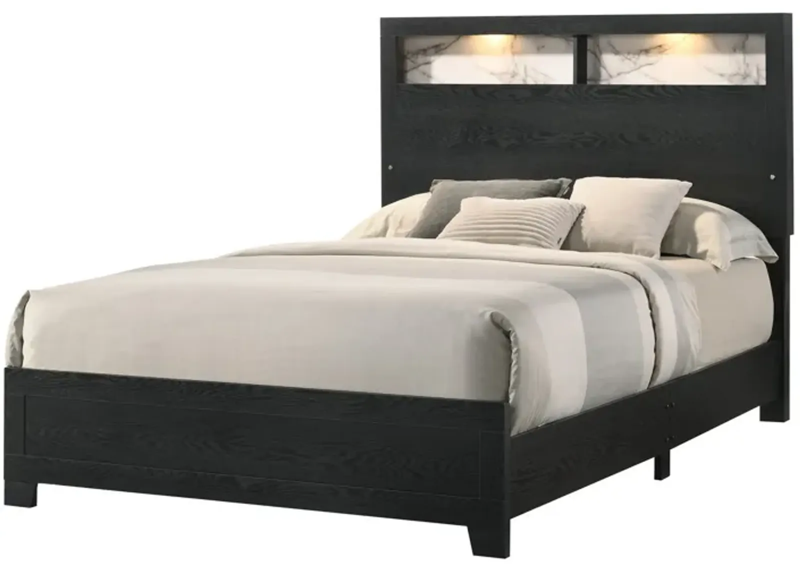 Yoh King Size Bed, Wood, Headboard with Lights and Shelves, Black - Benzara