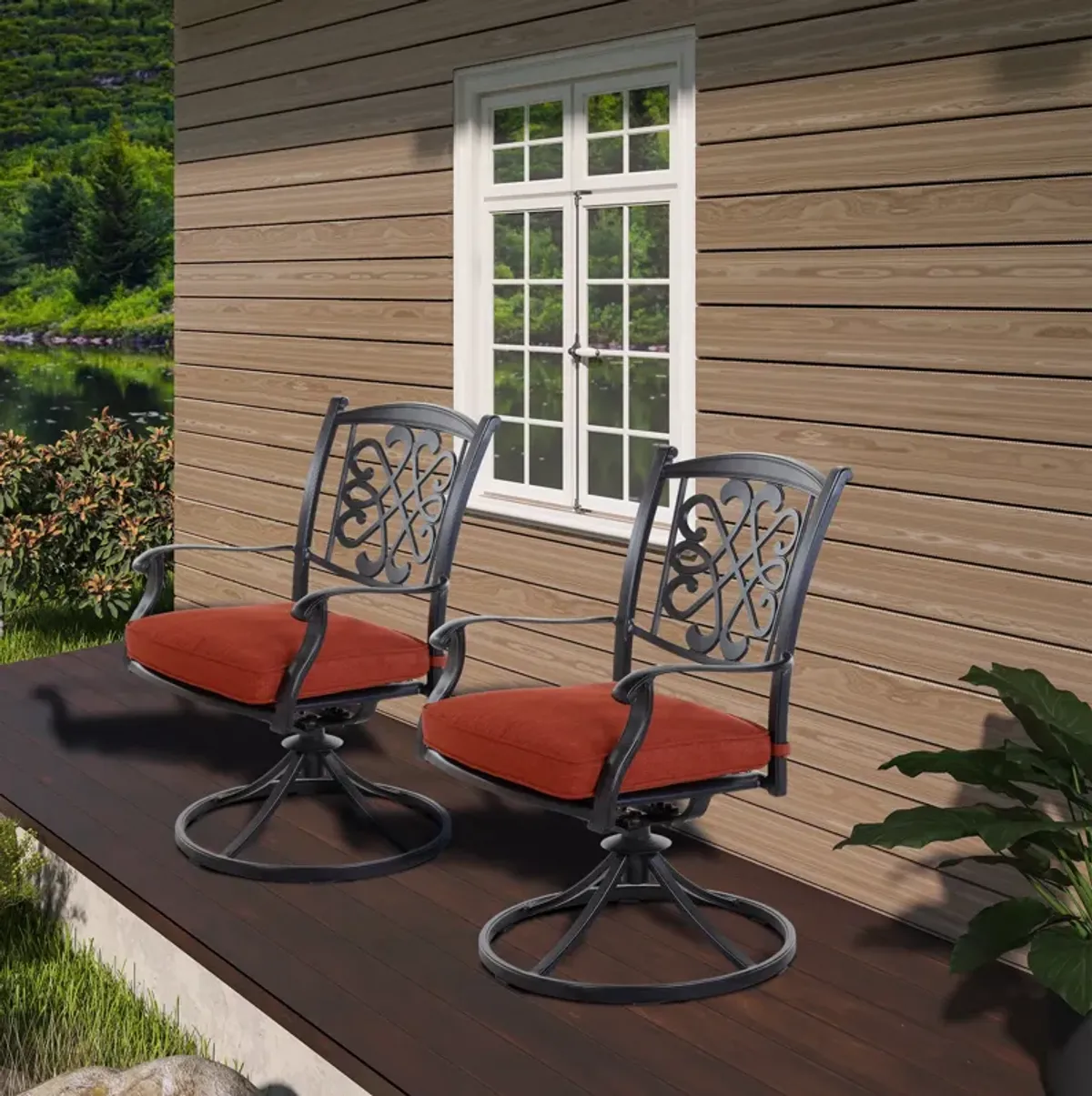 MONDAWE 2 Pieces Cast Aluminum Frame Swivel Patio Dining Chair with Cushion Seat