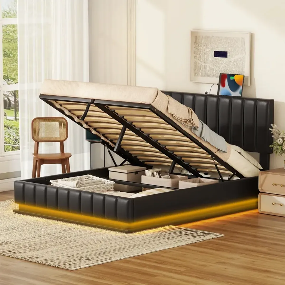 Merax Upholstered LED Light Platform Bed with Hydraulic Storage