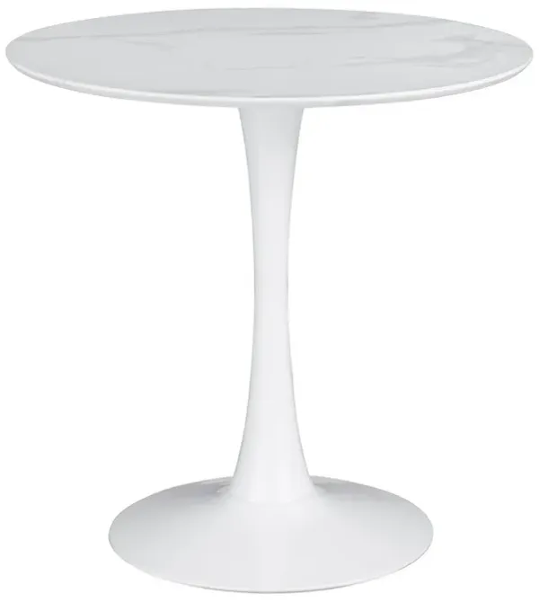 Loxi 30 Inch Round Dining Table, White Faux Marble Top, Tulip Accent Body - Benzara