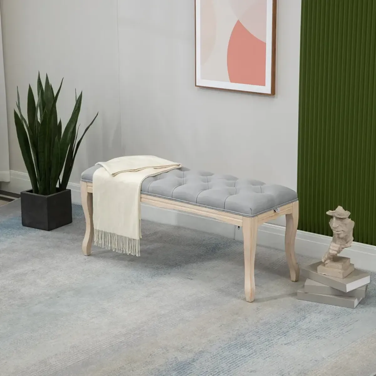 Grey Entryway Bench: 43" Linen Fabric Ottoman with Tufted Design