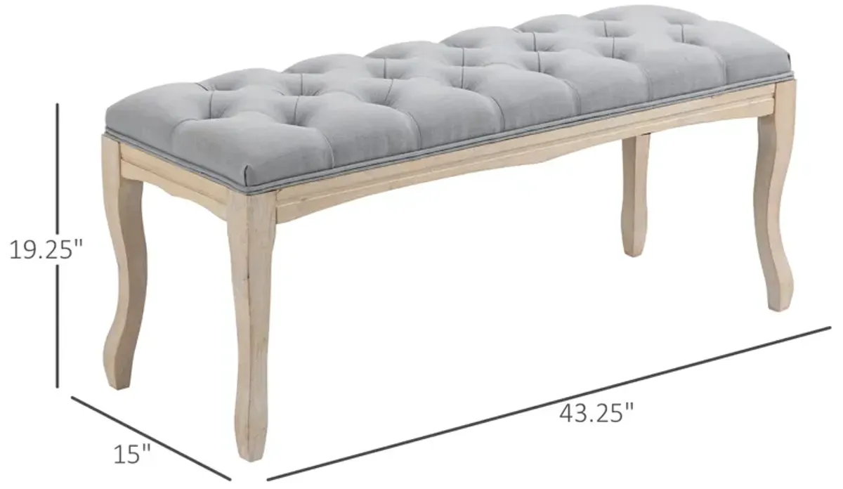 Grey Entryway Bench: 43" Linen Fabric Ottoman with Tufted Design