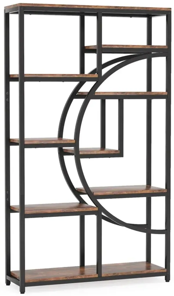 Bookshelf, 9 Tier Open Shelves, Brown MDF, Black Metal Frame, 69 Inch - Benzara
