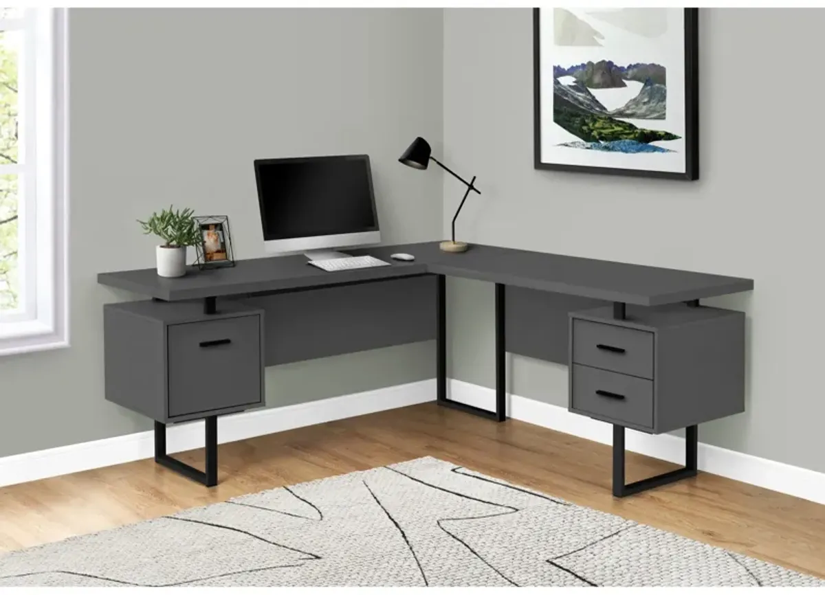 Computer Desk, Home Office, Corner, Left, Right Set-Up, Storage Drawers, 70"L, L Shape, Work, Laptop, Metal, Laminate, Grey, Black, Contemporary, Modern