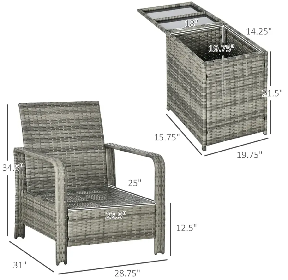 Outdoor Conversation Set: 3-Piece Rattan Wicker Bistro Set with Storage Table