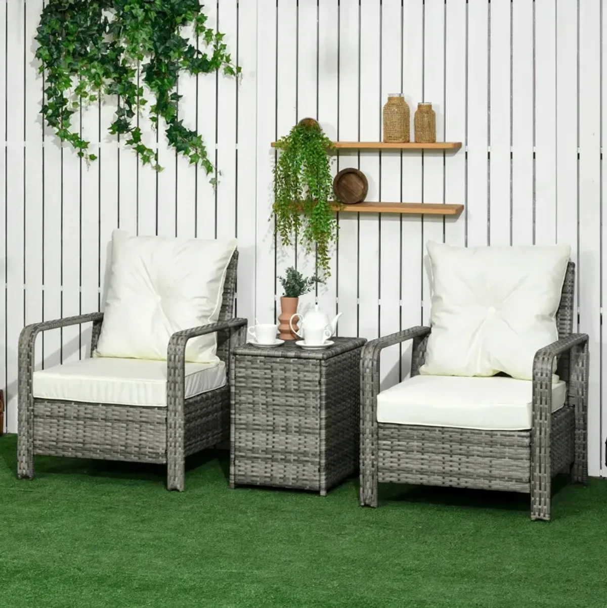 Outdoor Conversation Set: 3-Piece Rattan Wicker Bistro Set with Storage Table