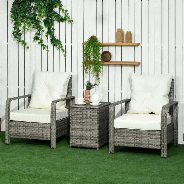 Outdoor Conversation Set: 3-Piece Rattan Wicker Bistro Set with Storage Table