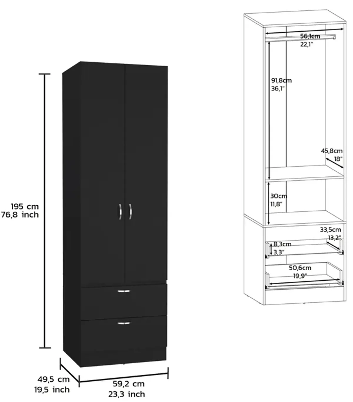 Vico Armoire Wardrove 76" H, Hanging Rod, 2 Drawers, 1 Shelf, Black , Bedroom