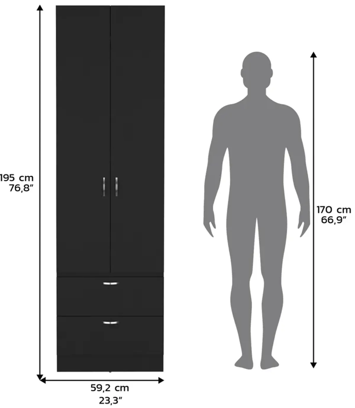 Vico Armoire Wardrove 76" H, Hanging Rod, 2 Drawers, 1 Shelf, Black , Bedroom