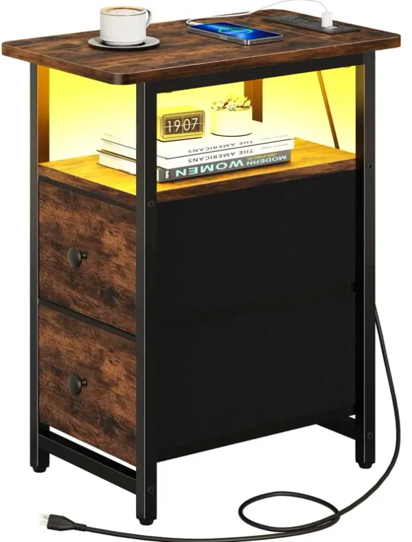 Yoobure End Table with Charging Station, Narrow Side Table LED Small Night Stand, Skinny Nightstand with Fabric Drawers, Bedside