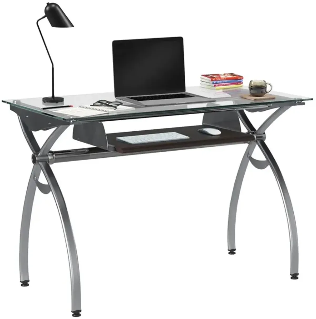 Contempo Clear Glass Top Computer Desk With Pull Out Keyboard Panel. Color: Clear