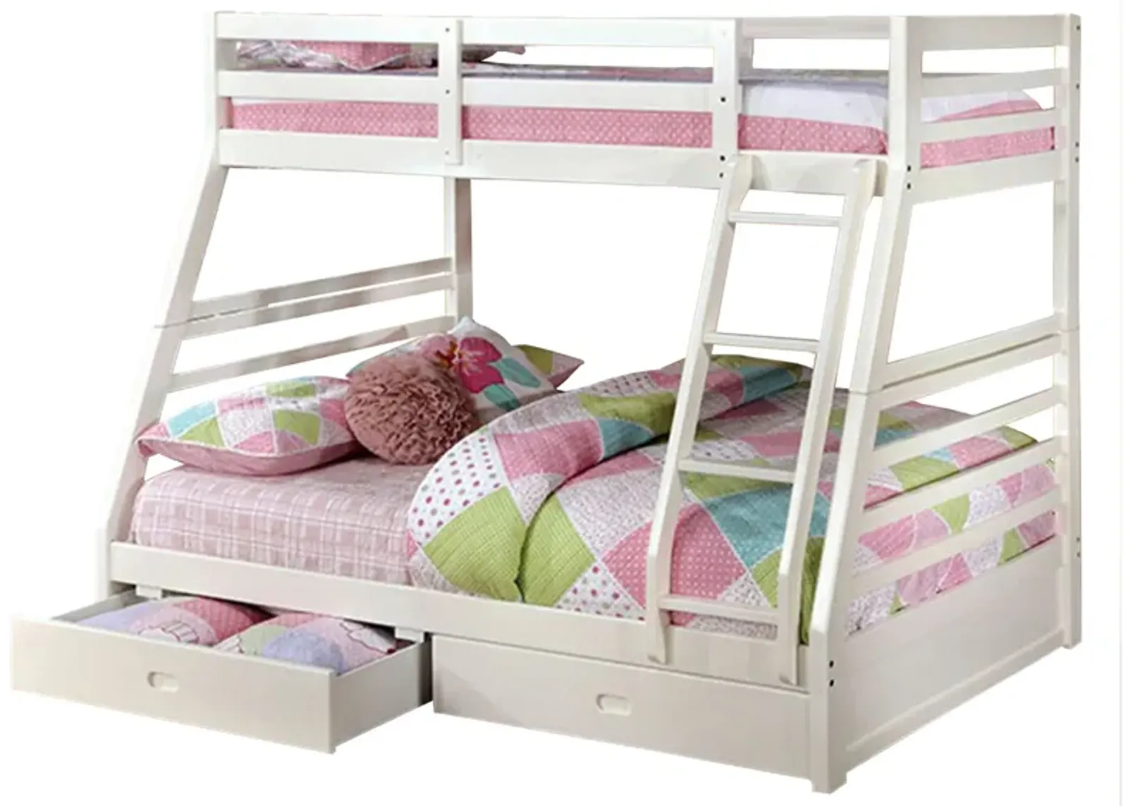 Twin Over Full Wooden Bunk Bed with Storage, White-Benzara