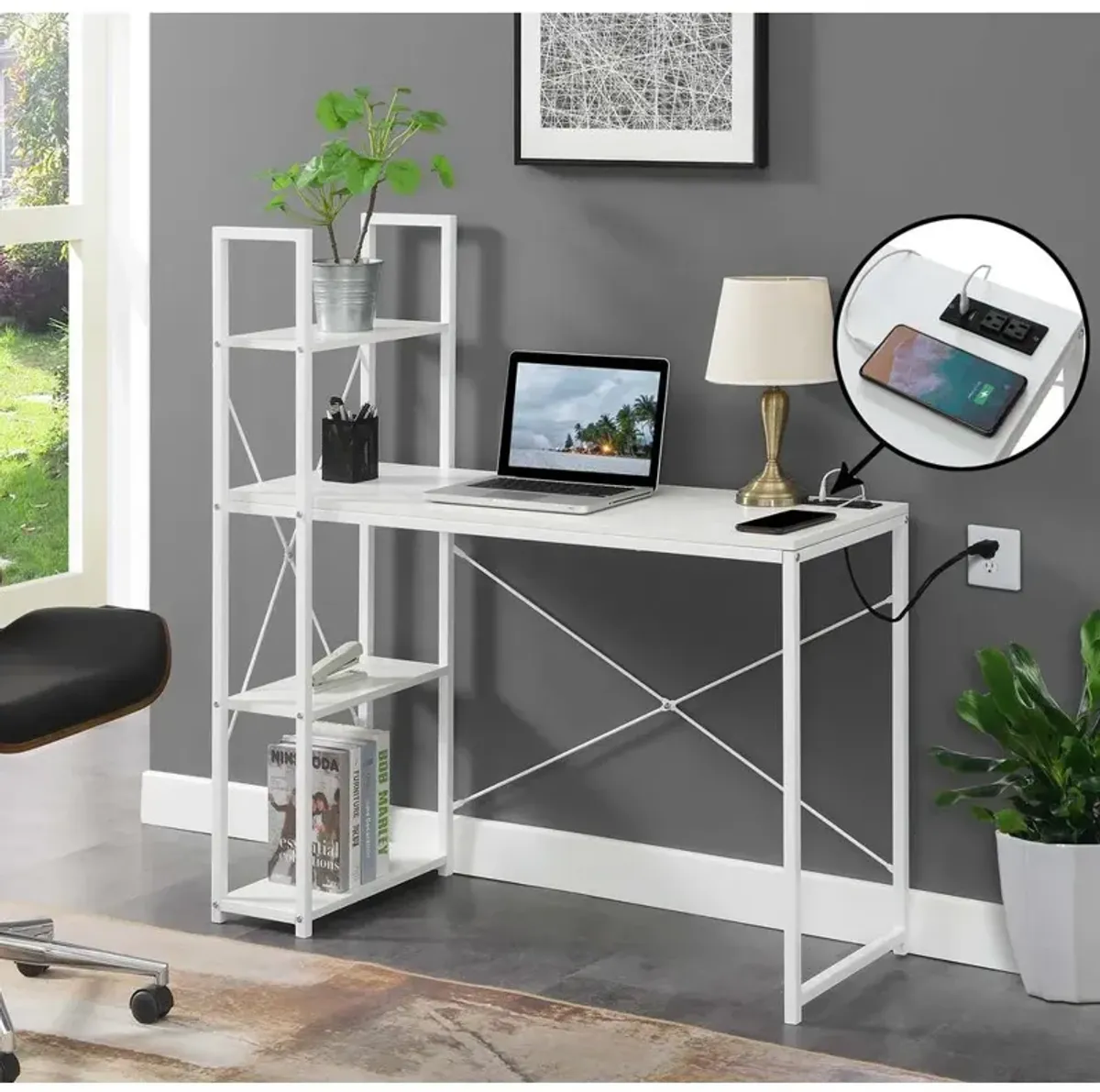 Convenience Concepts Designs2Go Office Workstation with Charging Station and Shelves, R4-0559