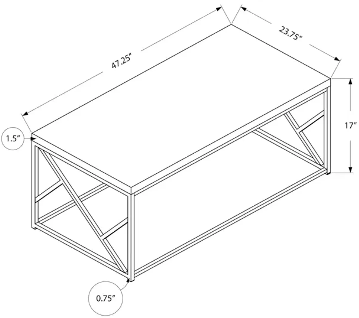 Monarch Specialties I 3375 Coffee Table, Accent, Cocktail, Rectangular, Living Room, 48"L, Metal, Laminate, Grey, Chrome, Contemporary, Modern