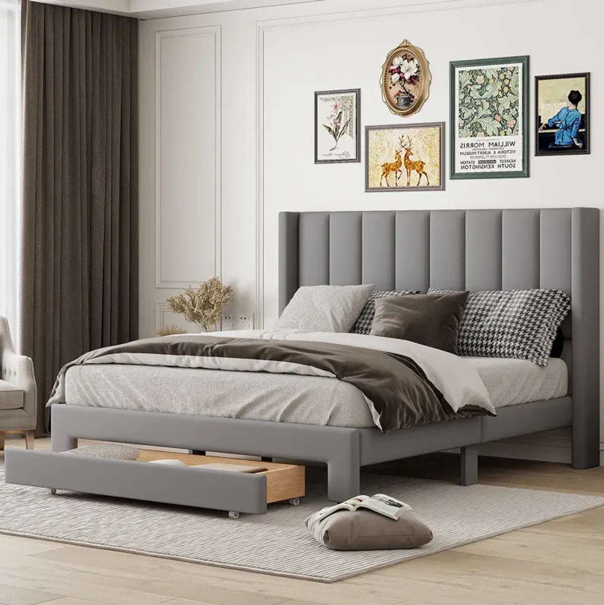 Merax Velvet Upholstered Platform Bed with a Drawer