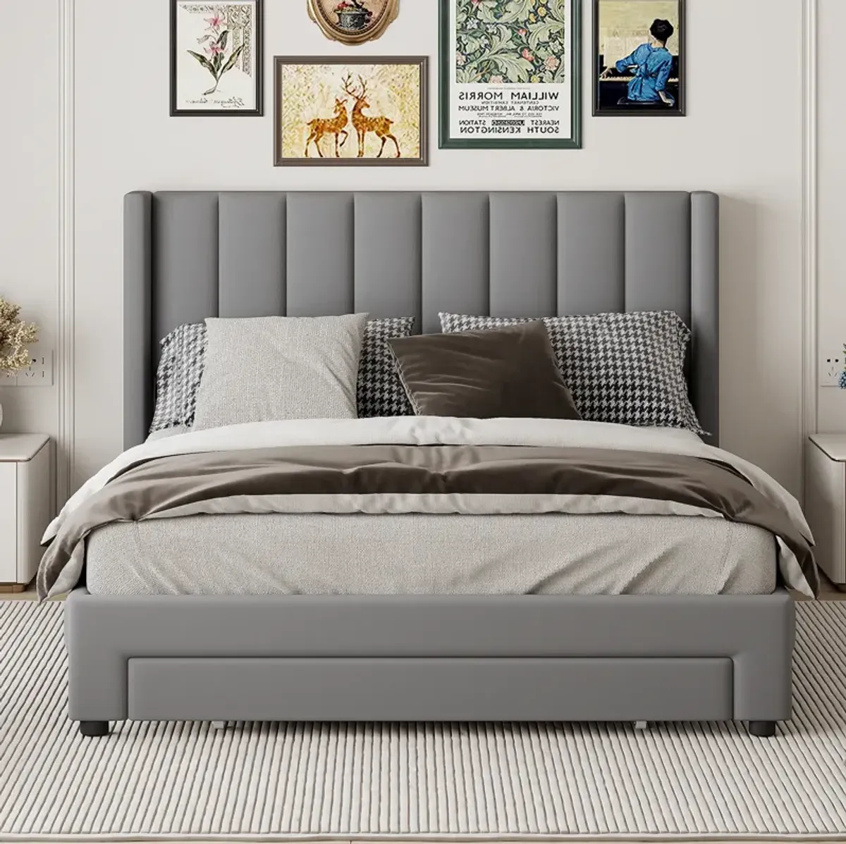 Merax Velvet Upholstered Platform Bed with a Drawer