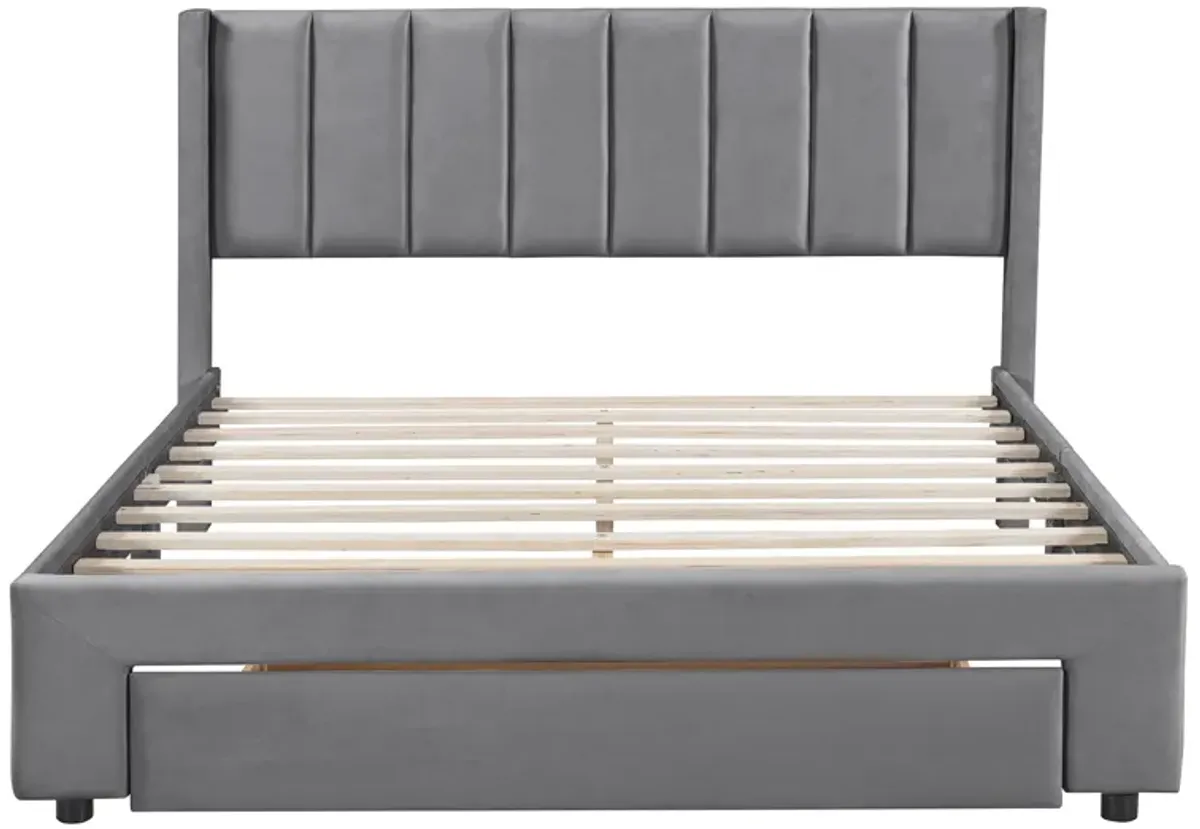 Merax Velvet Upholstered Platform Bed with a Drawer