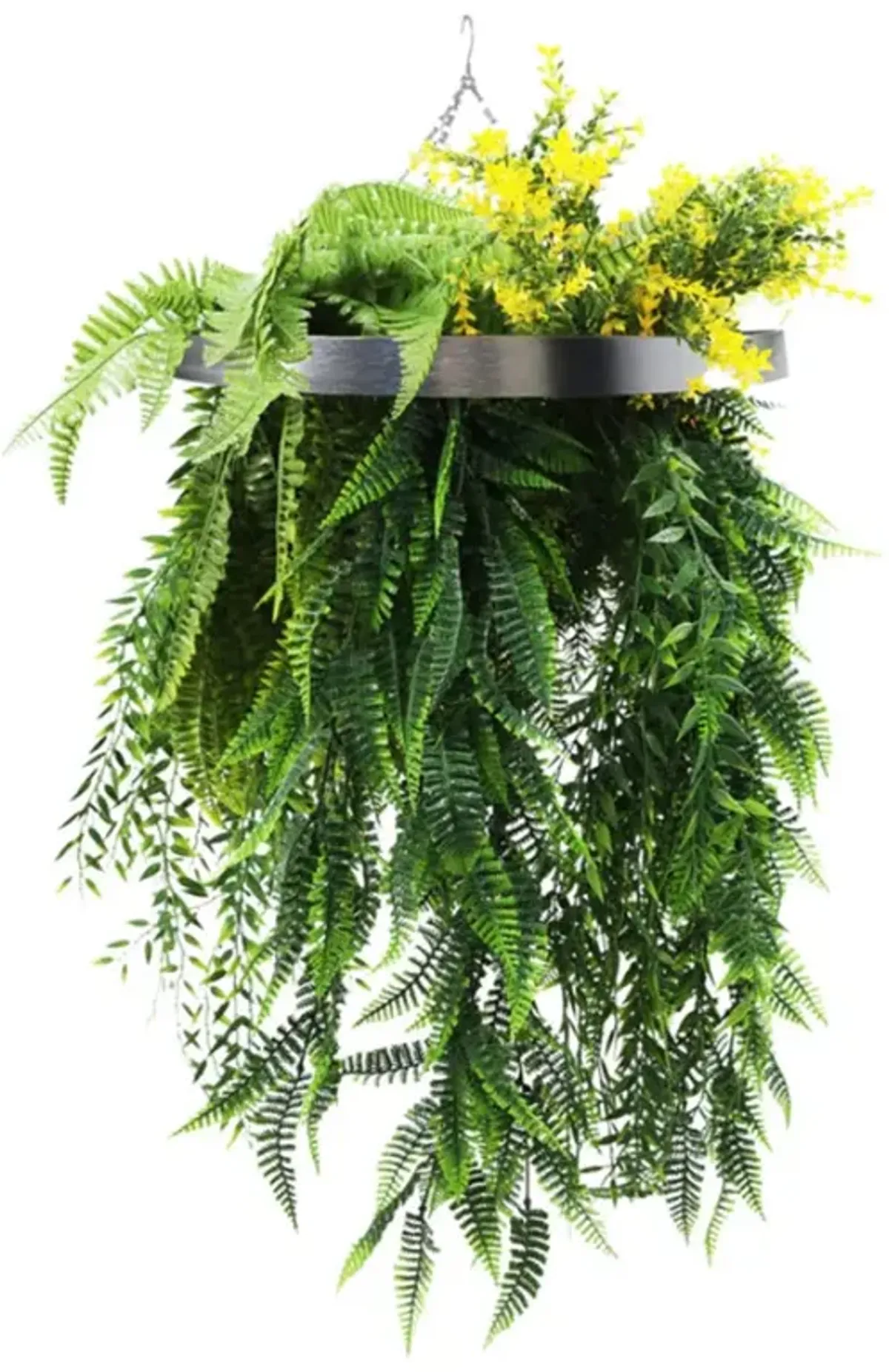 Silver Framed Roof Hanging Disc With Bright Tropical Foliage Mix and Draping Ferns 15.75" UV Resistant