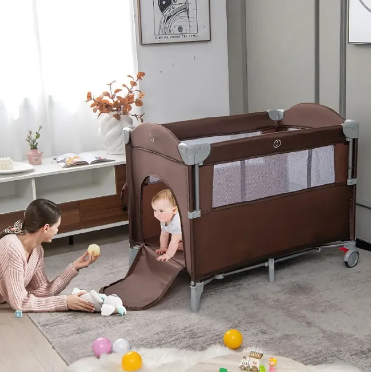 5-in-1  Portable Baby Beside Sleeper Bassinet Crib Playard with Diaper Changer