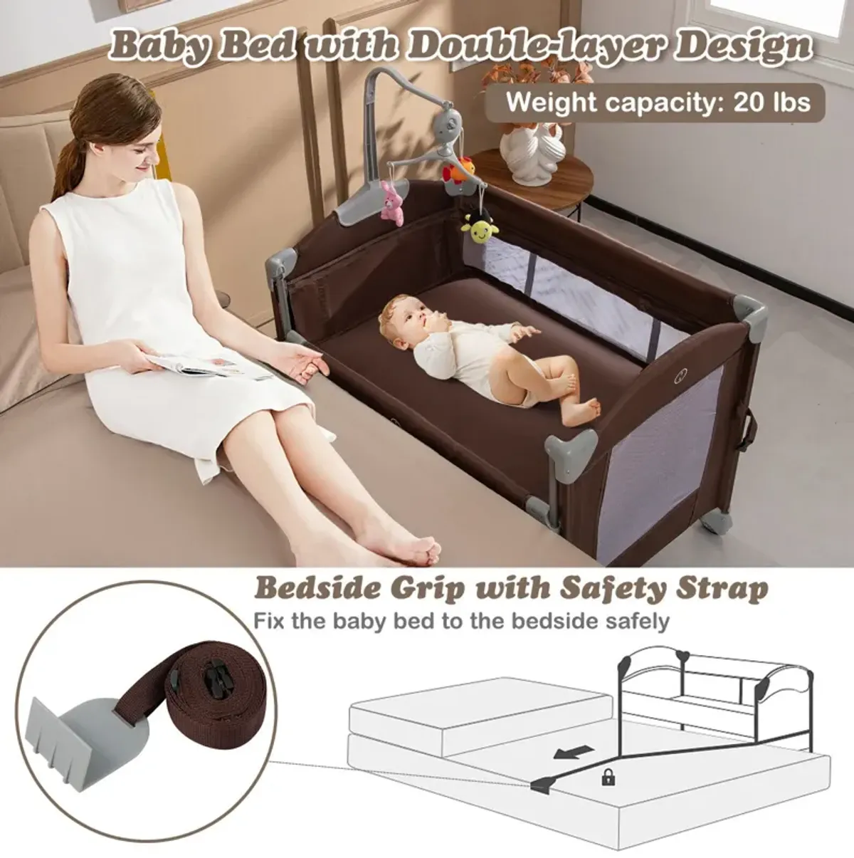 5-in-1  Portable Baby Beside Sleeper Bassinet Crib Playard with Diaper Changer