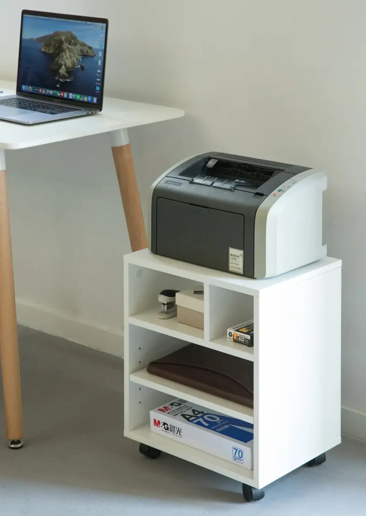 Wooden Office Storage Printer Stand with Wheels, White