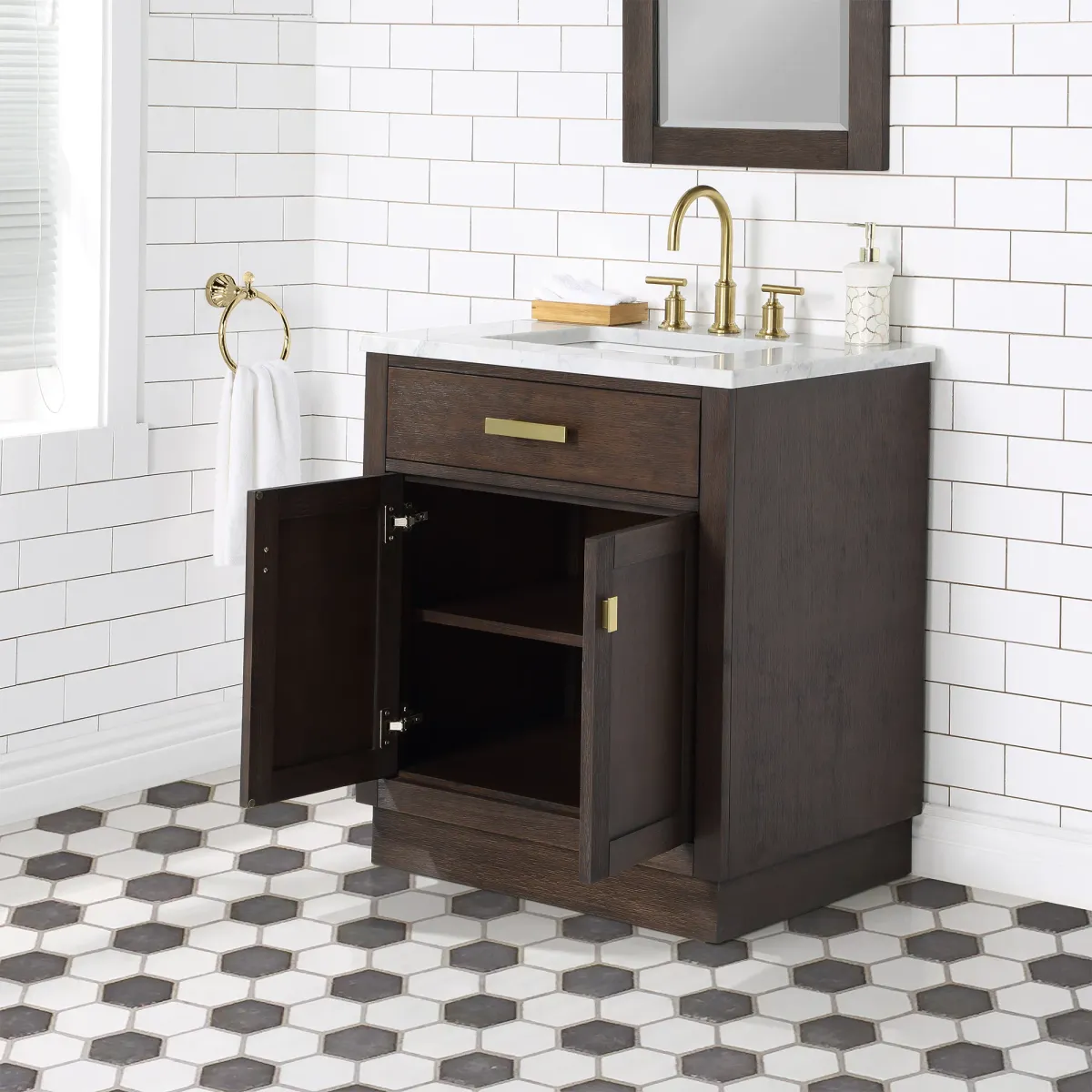 Chestnut 30 In. Single Sink Carrara White Marble Countertop Bath Vanity In Brown Oak with Satin Gold Hardware and Rectangular Mirror (S)