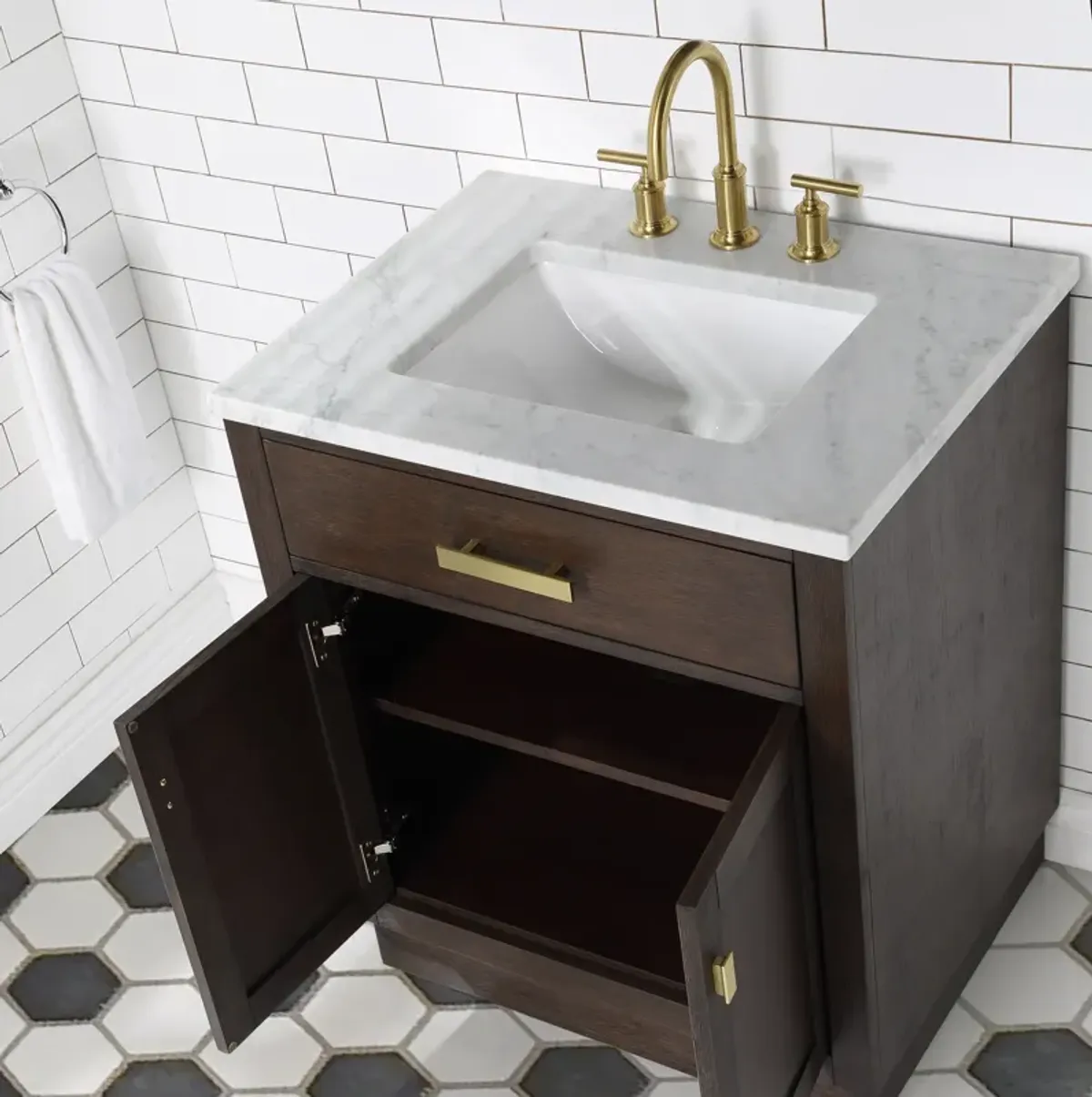 Chestnut 30 In. Single Sink Carrara White Marble Countertop Bath Vanity In Brown Oak with Satin Gold Hardware and Rectangular Mirror (S)