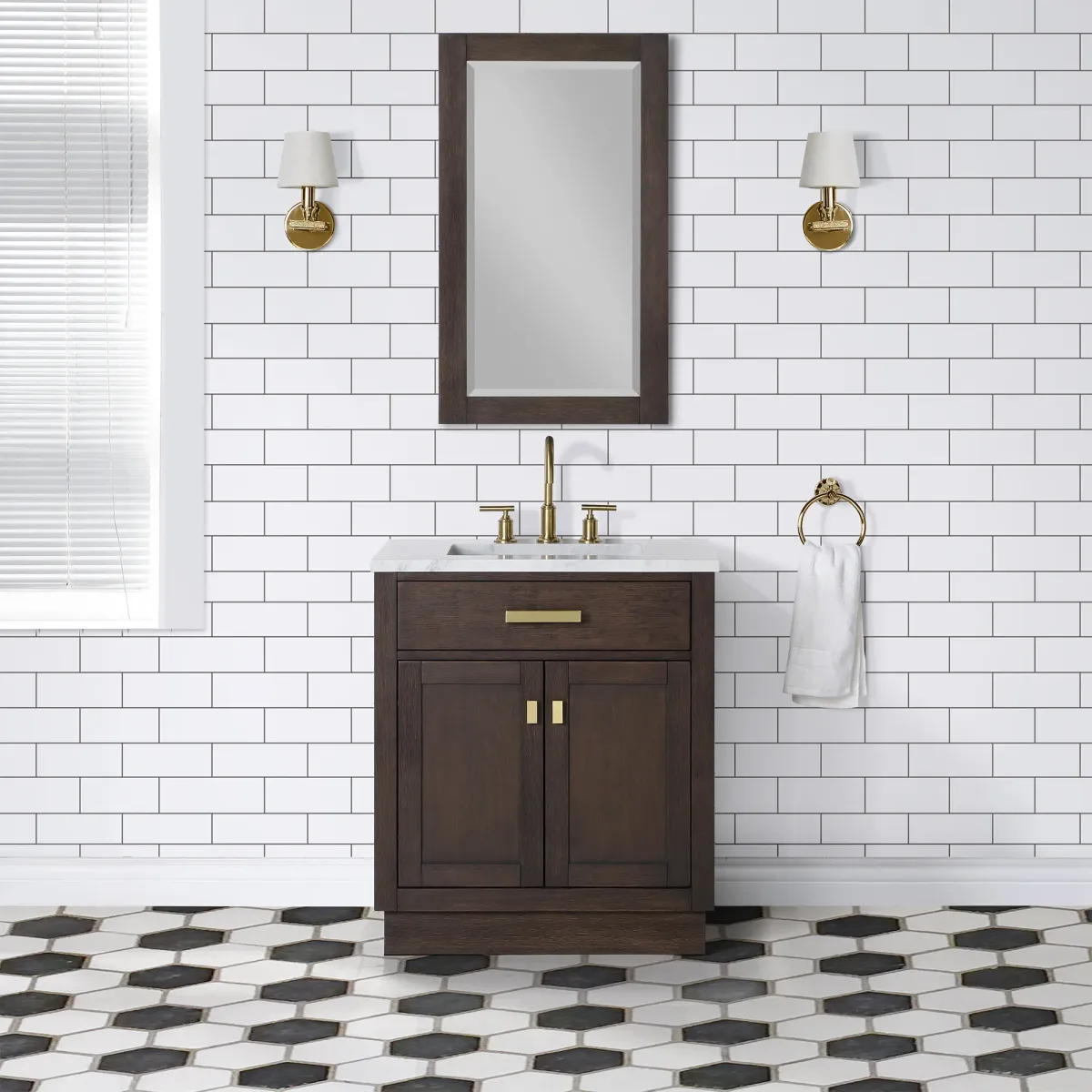 Chestnut 30 In. Single Sink Carrara White Marble Countertop Bath Vanity In Brown Oak with Satin Gold Hardware and Rectangular Mirror (S)