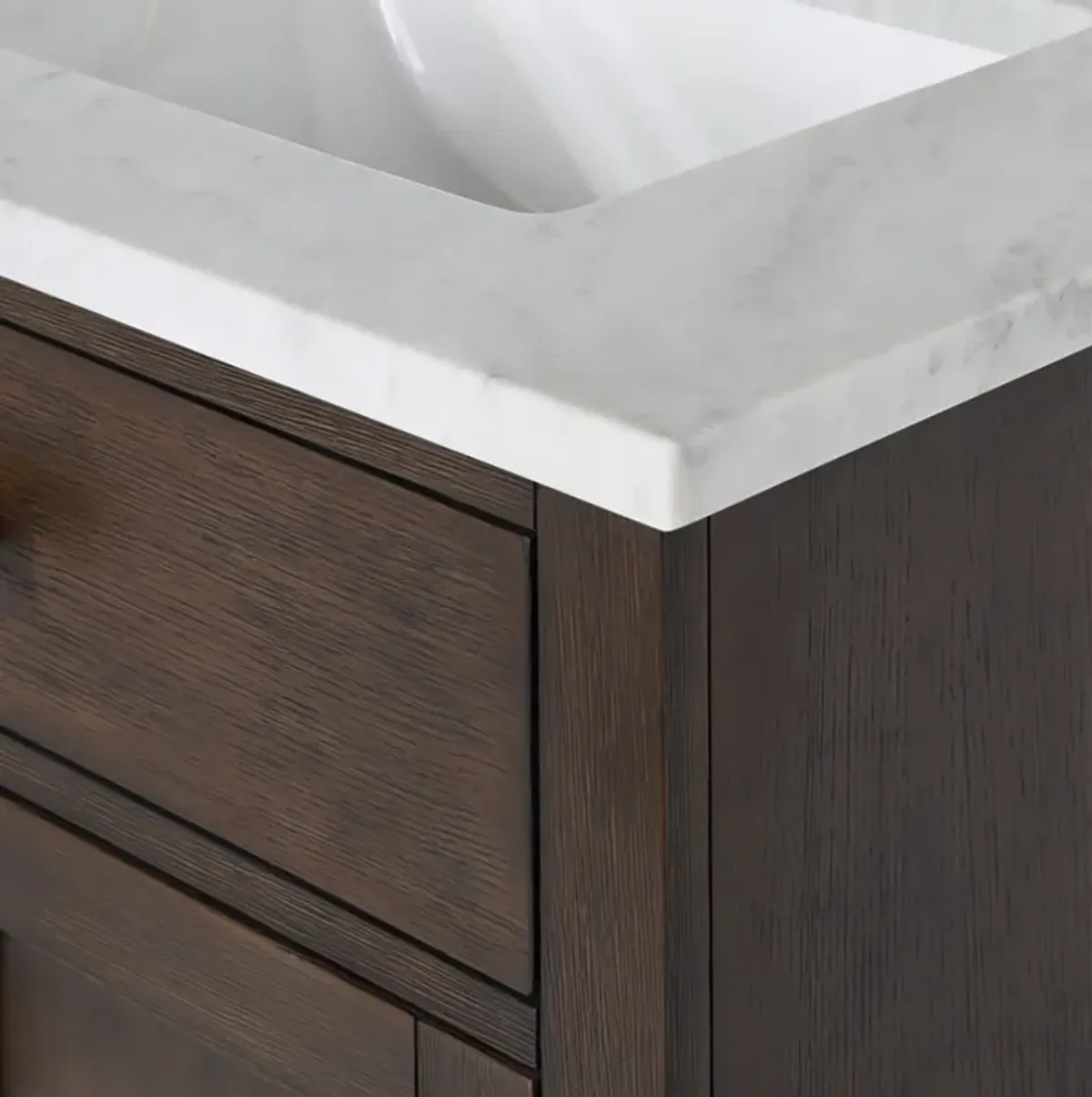 Chestnut 30 In. Single Sink Carrara White Marble Countertop Bath Vanity In Brown Oak with Satin Gold Hardware and Rectangular Mirror (S)