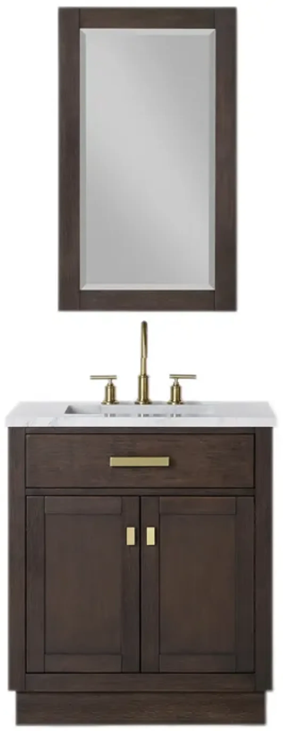 Chestnut 30 In. Single Sink Carrara White Marble Countertop Bath Vanity In Brown Oak with Satin Gold Hardware and Rectangular Mirror (S)