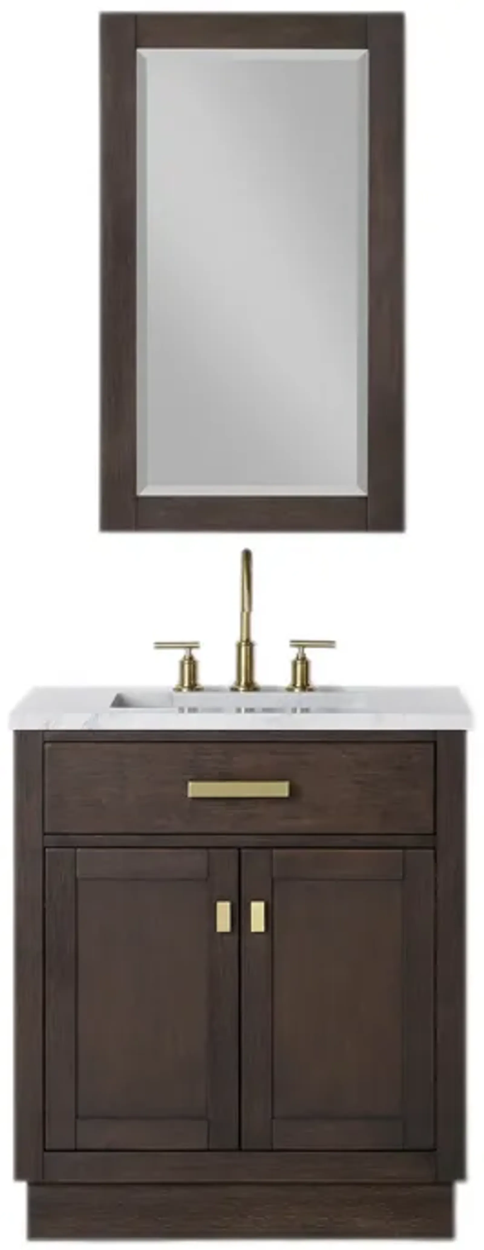 Chestnut 30 In. Single Sink Carrara White Marble Countertop Bath Vanity In Brown Oak with Satin Gold Hardware and Rectangular Mirror (S)