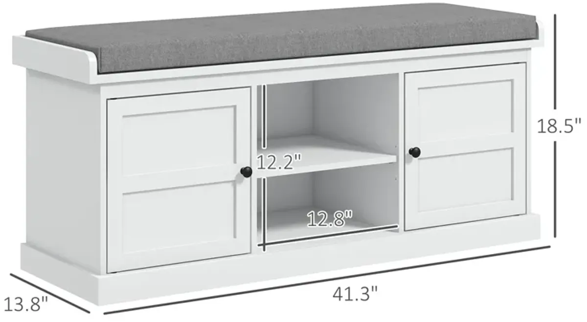 HOMCOM Storage Shoe Bench with Cushion, 2 Cabinets for Entryway, White