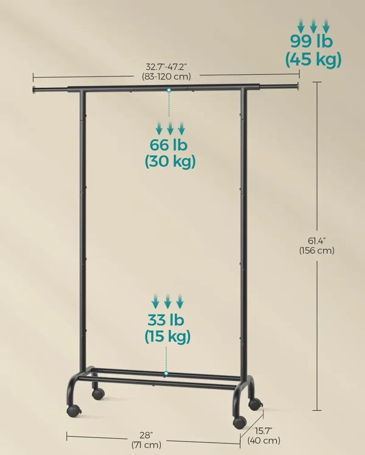 Clothes Rack with Extendable Rail and Wheels Ink Black