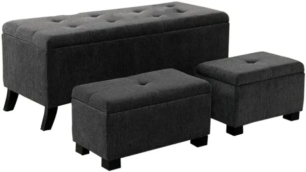Uriel 3 Piece Storage Bench and 2 Nesting Ottomans, Tufted Dark Gray Fabric - Benzara
