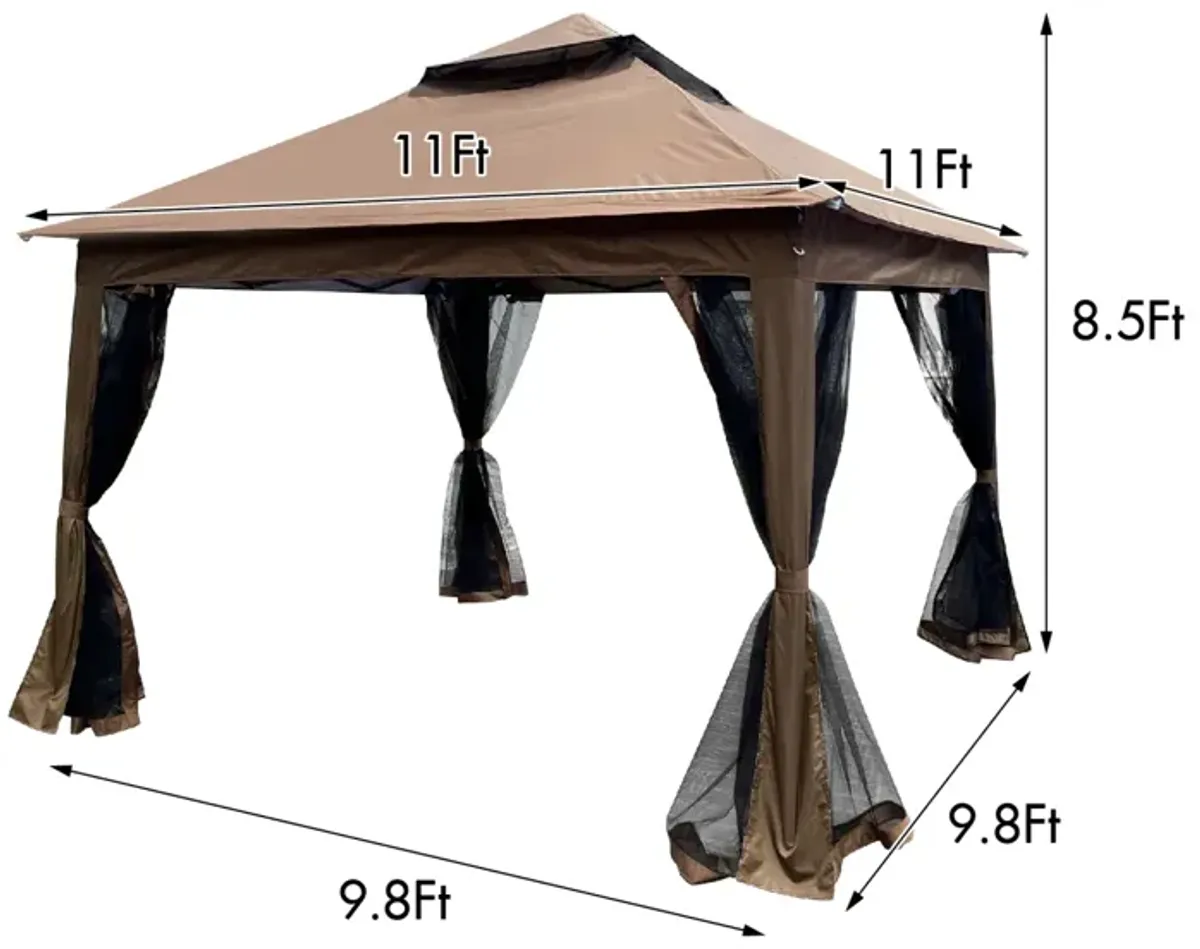 Pop Up Gazebo Canopy With Netting, 2-Tier Soft Top Tent, 11x11FT, Brown