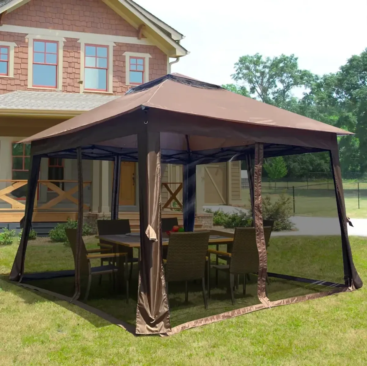 Pop Up Gazebo Canopy With Netting, 2-Tier Soft Top Tent, 11x11FT, Brown