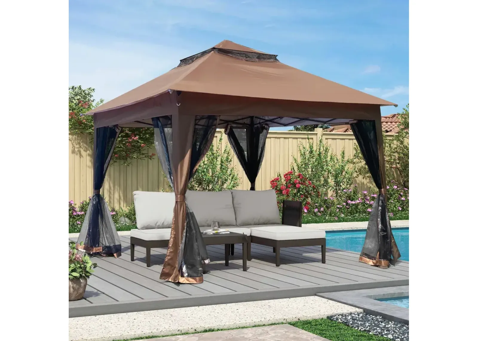 Pop Up Gazebo Canopy With Netting, 2-Tier Soft Top Tent, 11x11FT, Brown