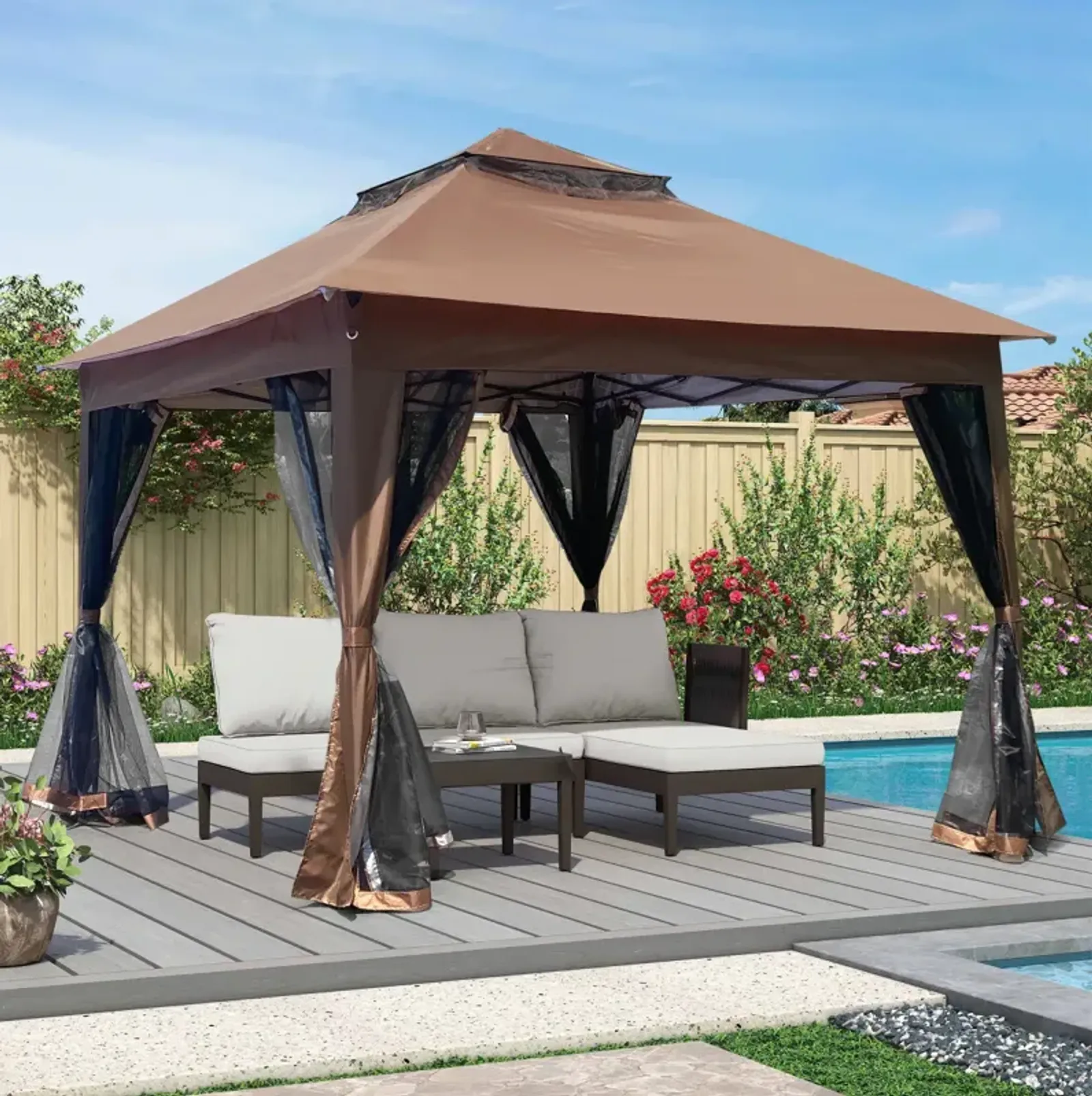 Pop Up Gazebo Canopy With Netting, 2-Tier Soft Top Tent, 11x11FT, Brown