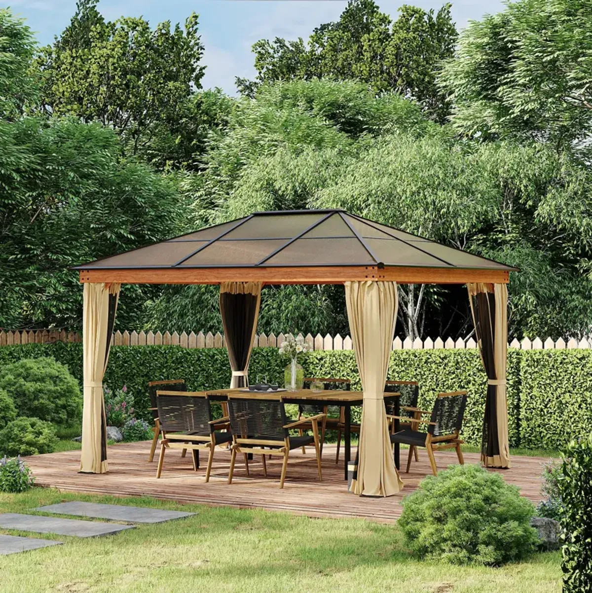 Khaki Garden Pavilion: 10'x12' Hardtop Gazebo with Polycarbonate Roof