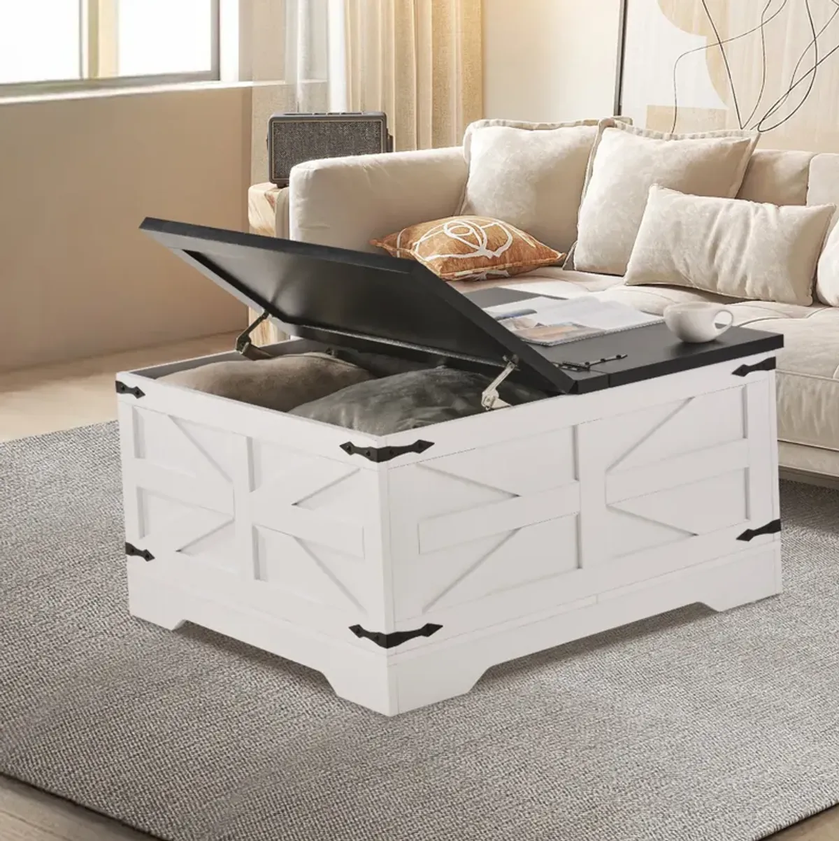 Farmhouse Coffee Table Hinged Square Table with Storage
