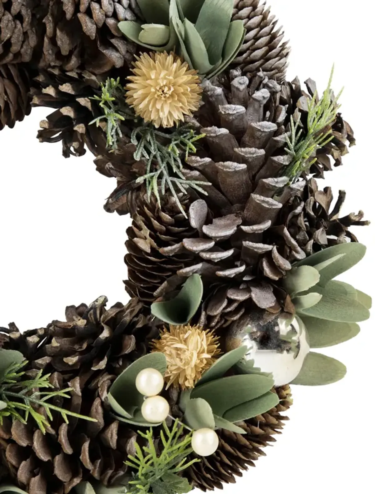 Silver and Green Mixed Foliage and Pinecone Christmas Wreath  13.5-Inch  Unlit