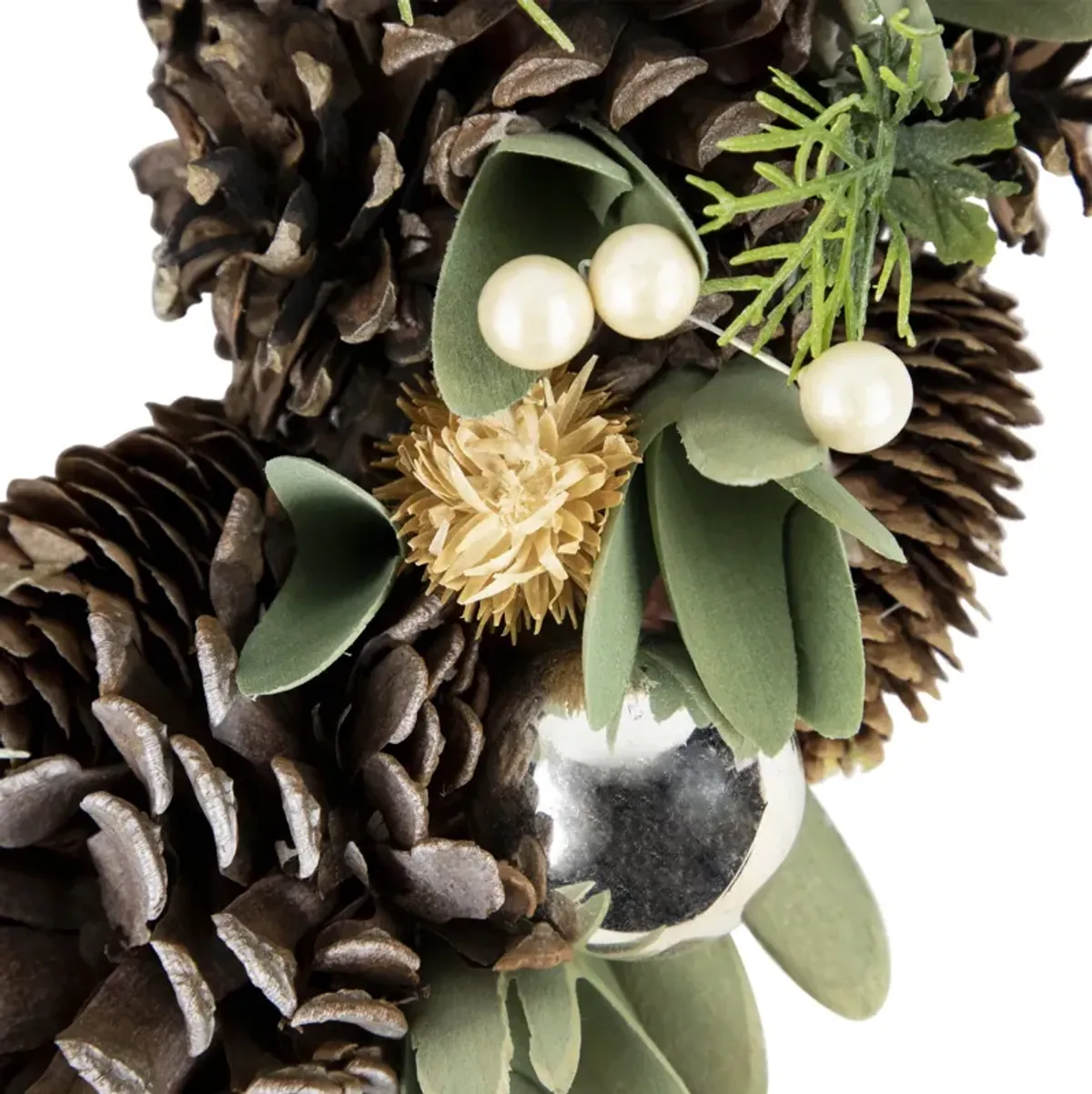 Silver and Green Mixed Foliage and Pinecone Christmas Wreath  13.5-Inch  Unlit