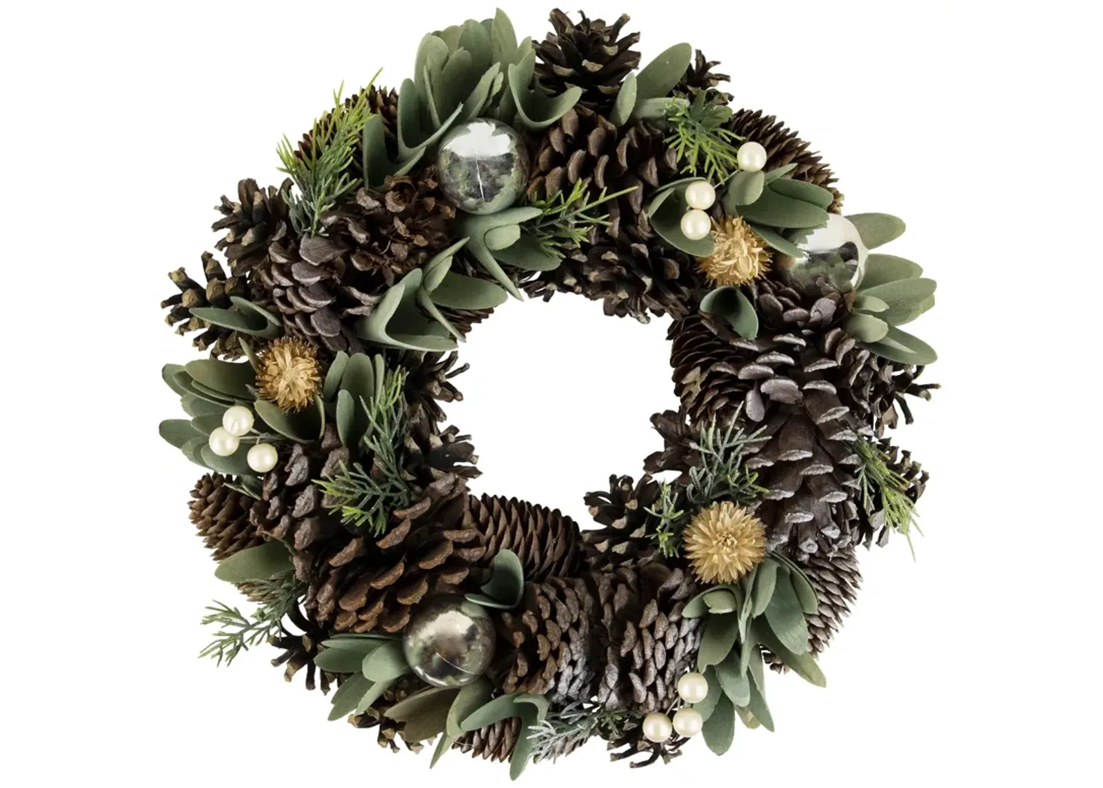 Silver and Green Mixed Foliage and Pinecone Christmas Wreath  13.5-Inch  Unlit