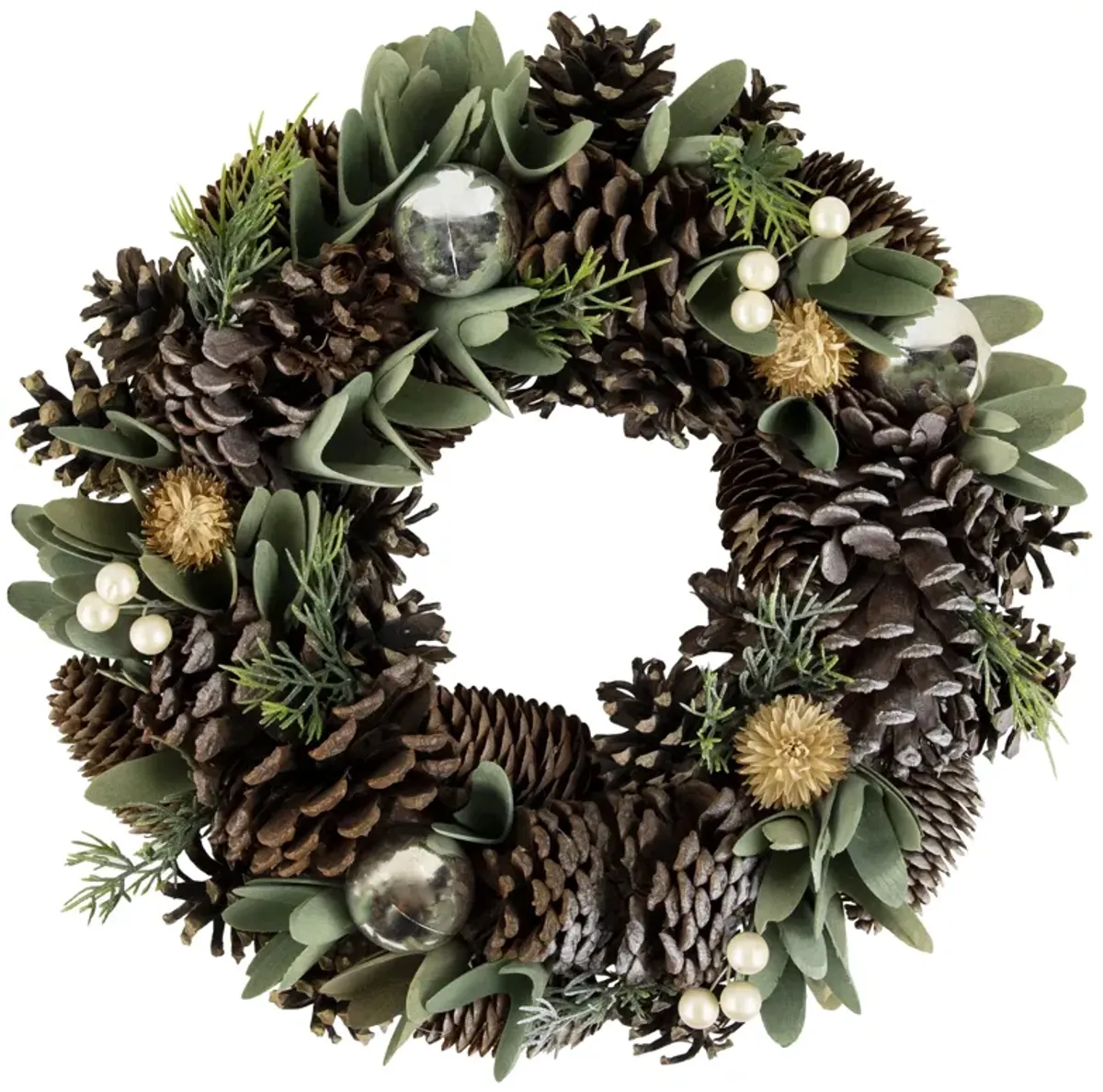 Silver and Green Mixed Foliage and Pinecone Christmas Wreath  13.5-Inch  Unlit