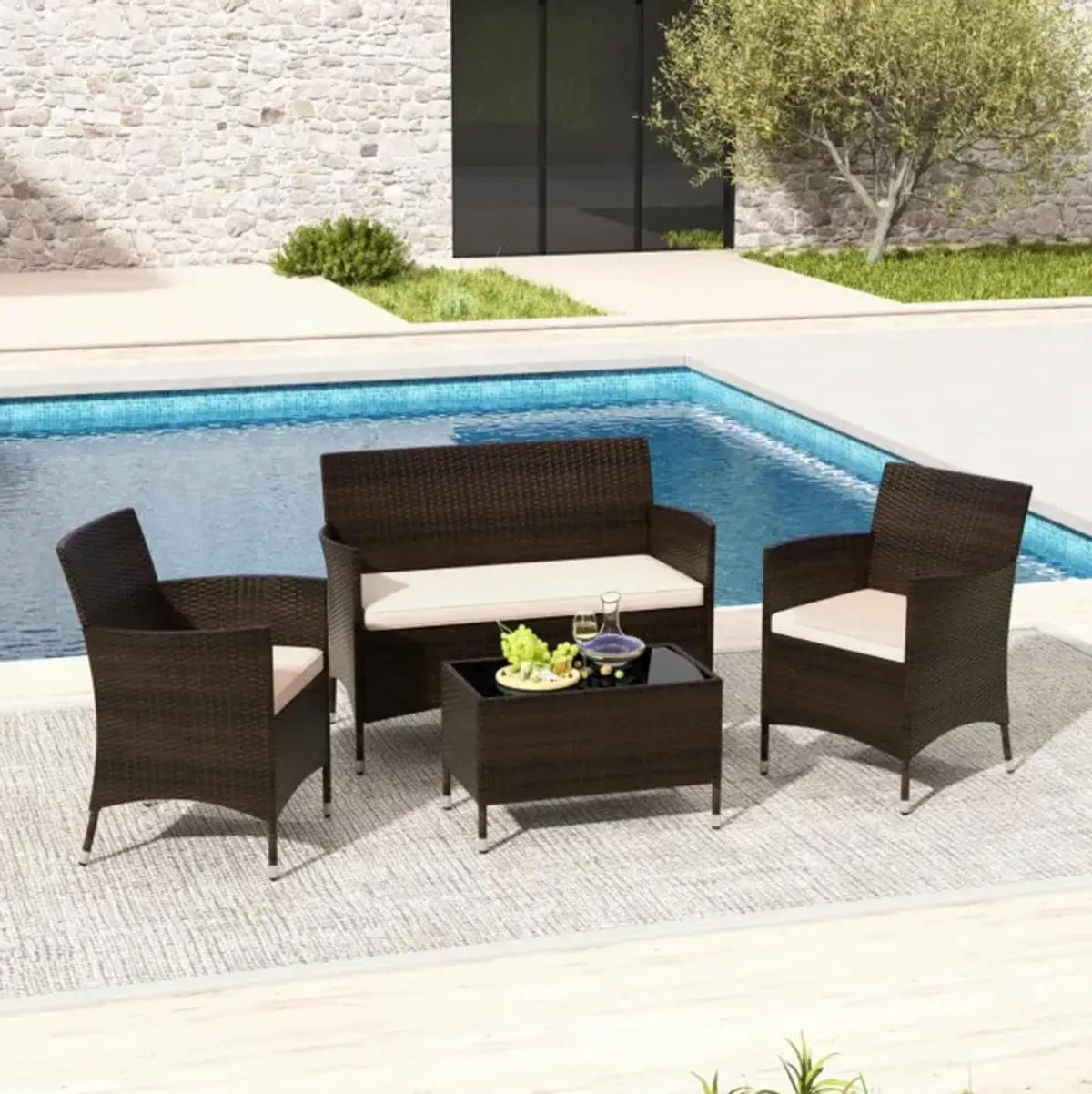 Hivvago 4 Pieces Comfortable Mix Brown Outdoor Rattan Sofa Set with Glass Coffee Table