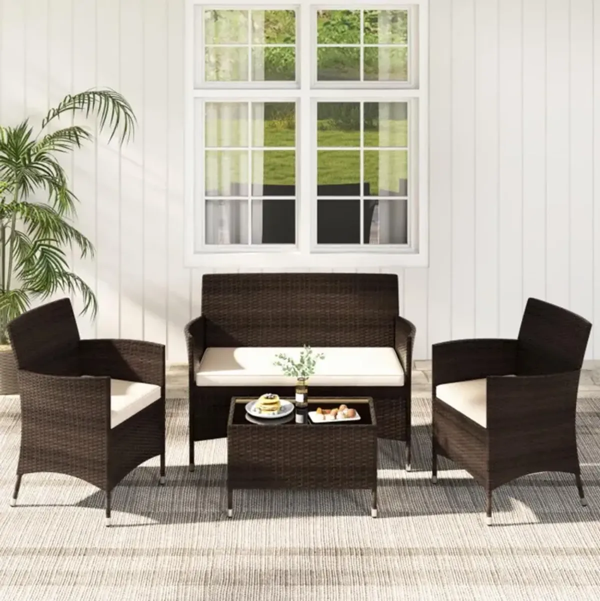 Hivvago 4 Pieces Comfortable Mix Brown Outdoor Rattan Sofa Set with Glass Coffee Table